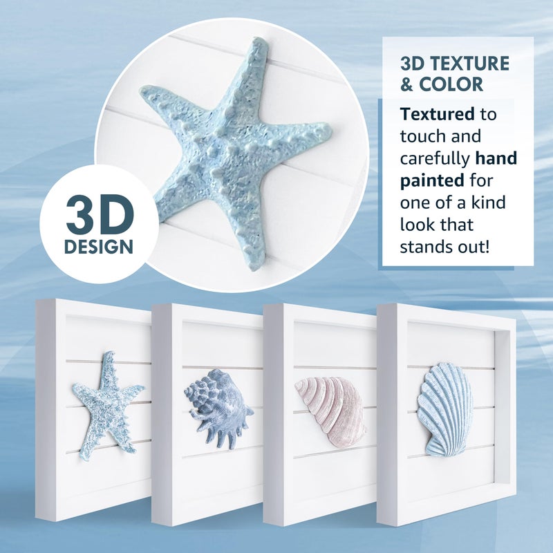 Tide and Tales 3D Seashells & Starfish Coastal Wall Art Decor (Framed Set of 4) Beach Wall Decor for Bathroom or Coastal Bedroom - Ocean Inspired Seaside Decorations for Home or Beach House (7"x7") - Image 5