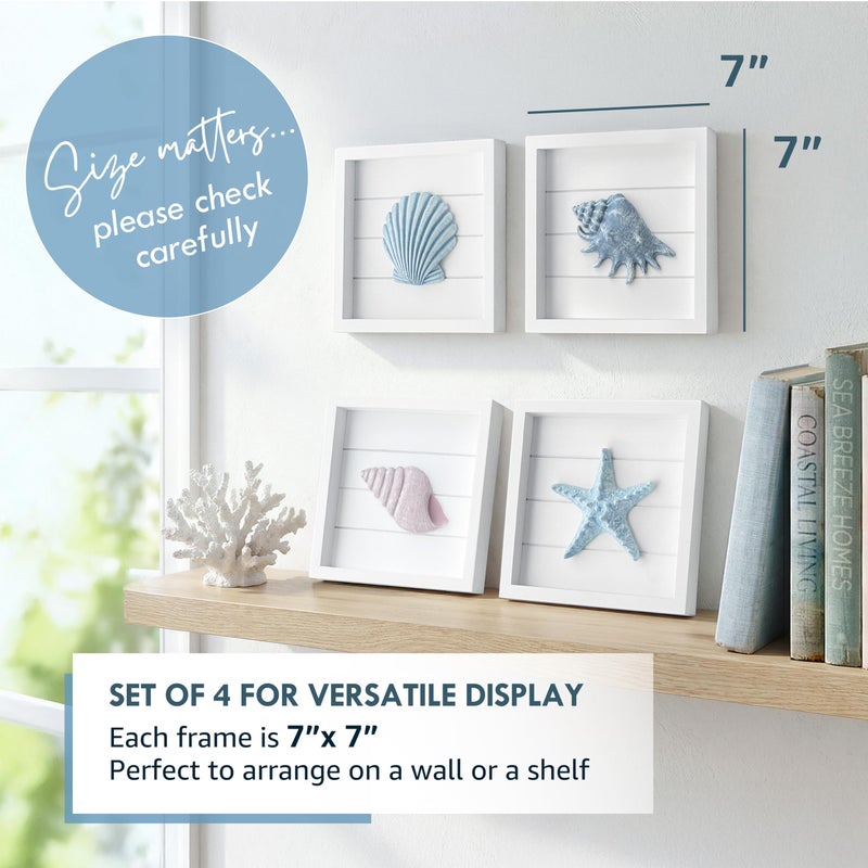 Tide and Tales 3D Seashells & Starfish Coastal Wall Art Decor (Framed Set of 4) Beach Wall Decor for Bathroom or Coastal Bedroom - Ocean Inspired Seaside Decorations for Home or Beach House (7"x7") - Image 2