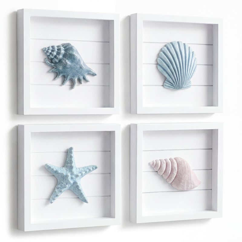 Tide and Tales 3D Seashells & Starfish Coastal Wall Art Decor (Framed Set of 4) Beach Wall Decor for Bathroom or Coastal Bedroom - Ocean Inspired Seaside Decorations for Home or Beach House (7"x7") - Image 1