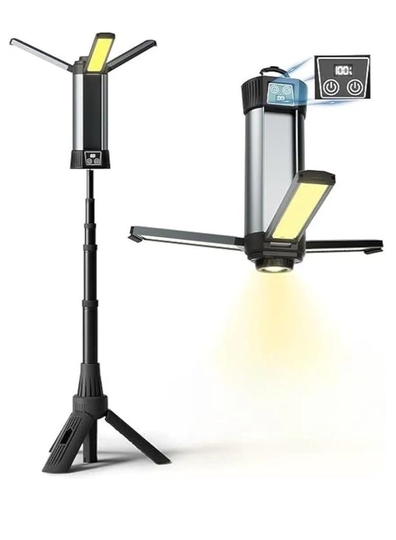 مصباح LED قابل لإعادة الشحن للتخييم والعمل مع حامل ثلاثي القوائم - مصباح عمل قابل للطي بثلاثة رؤوس بتقنية COB، قاعدة مغناطيسية تلسكوبية، بنك طاقة USB، شاشة عرض رقمية للبطارية، مصباح محمول للتخييم والجراج - Image 1