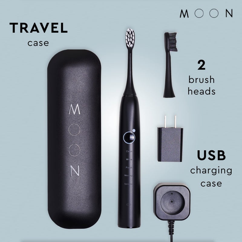 MOON Sonic Electric Toothbrush for Adults, 5 Smart Modes to Clean, Whiten, Massage and Polish Teeth, Rechargeable with Travel Case and 2 Toothbrush Heads, Black - Image 5