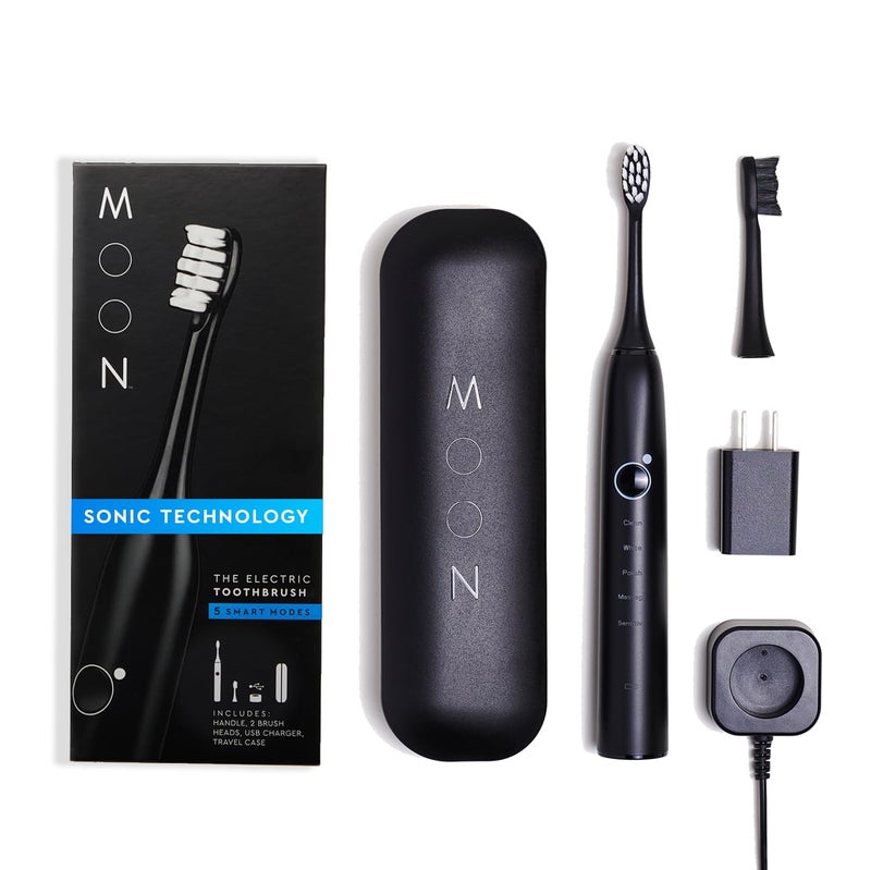 MOON Sonic Electric Toothbrush for Adults, 5 Smart Modes to Clean, Whiten, Massage and Polish Teeth, Rechargeable with Travel Case and 2 Toothbrush Heads, Black - Image 1