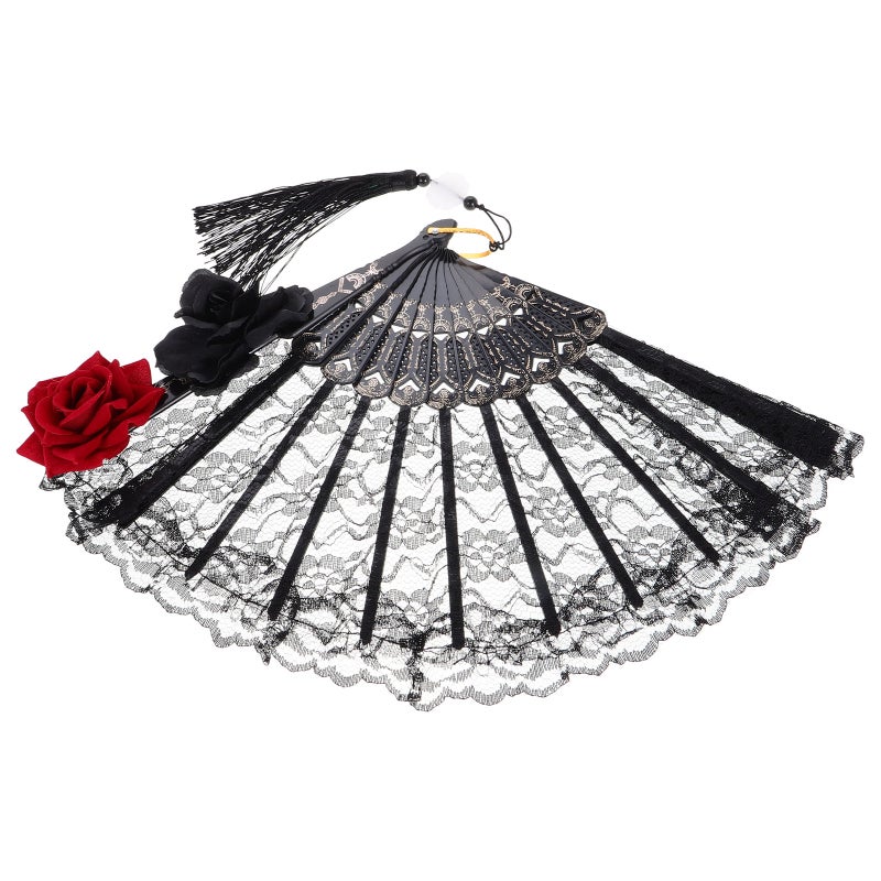 Lolita Lace Folding Fan Black Handheld Fan Portable Victorian Hand Fan for Halloween Party Cosplay Wedding Decoration Dance Performance - Image 1
