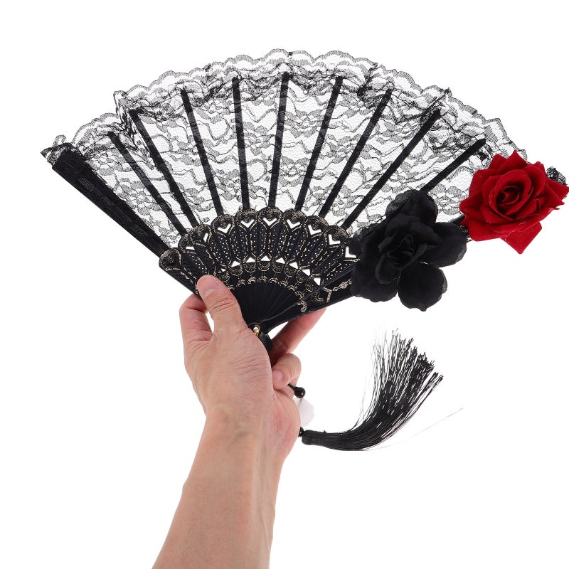 Lolita Lace Folding Fan Black Handheld Fan Portable Victorian Hand Fan for Halloween Party Cosplay Wedding Decoration Dance Performance - Image 2