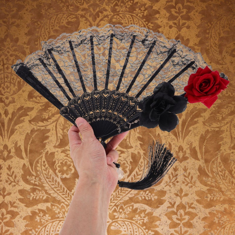 Lolita Lace Folding Fan Black Handheld Fan Portable Victorian Hand Fan for Halloween Party Cosplay Wedding Decoration Dance Performance - Image 5