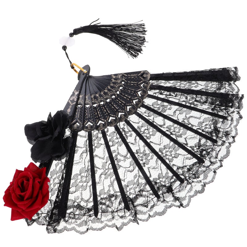 Lolita Lace Folding Fan Black Handheld Fan Portable Victorian Hand Fan for Halloween Party Cosplay Wedding Decoration Dance Performance - Image 4