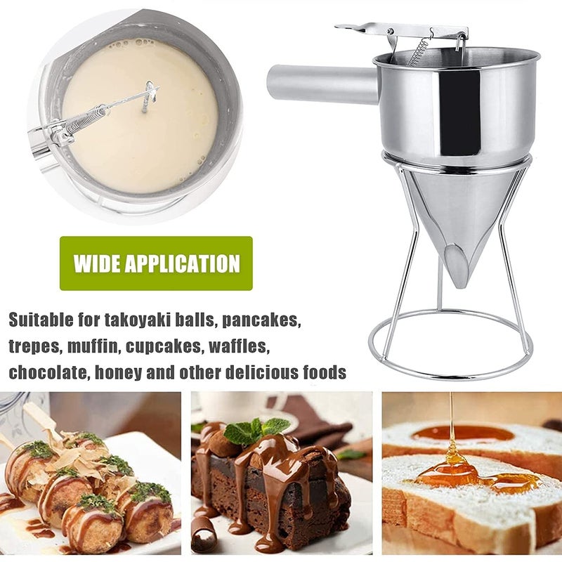 WROPZO WROPZO Stainless Steel Pancake Batter Dispenser 304 Food Grade Funnels with Handle Stand Rack Perfect for Takoyaki Pancakes Cupcakes or Other Baking Stuff  - Image 3