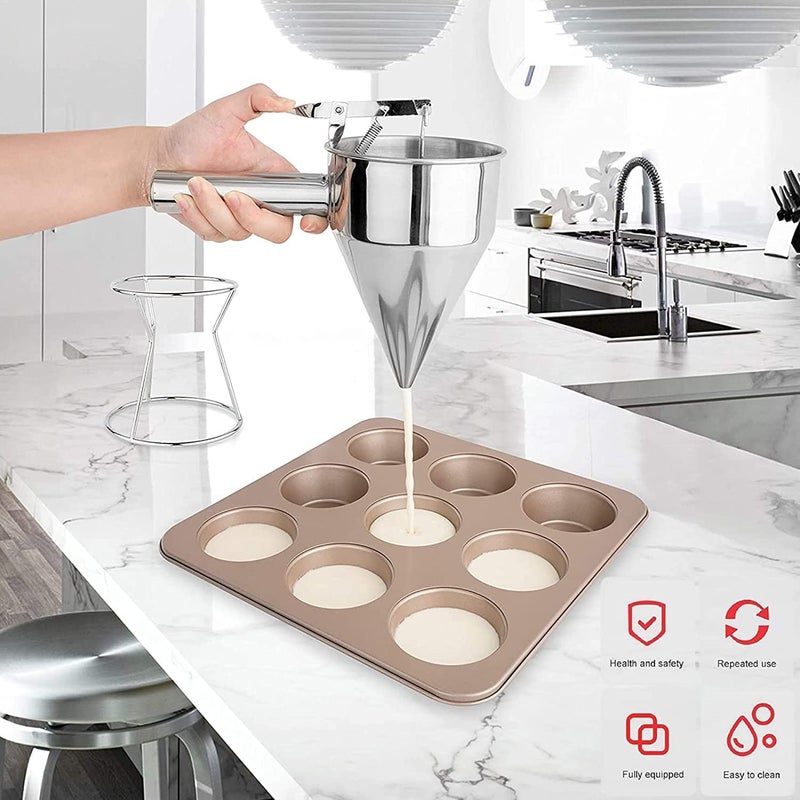 WROPZO WROPZO Stainless Steel Pancake Batter Dispenser 304 Food Grade Funnels with Handle Stand Rack Perfect for Takoyaki Pancakes Cupcakes or Other Baking Stuff  - Image 5
