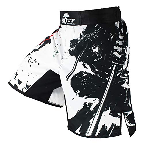 SOTF MMA Shorts Muay Thai Boxing Trunks Comfortable Kickboxing Fight Wear, White, L=28-32" - Image 1