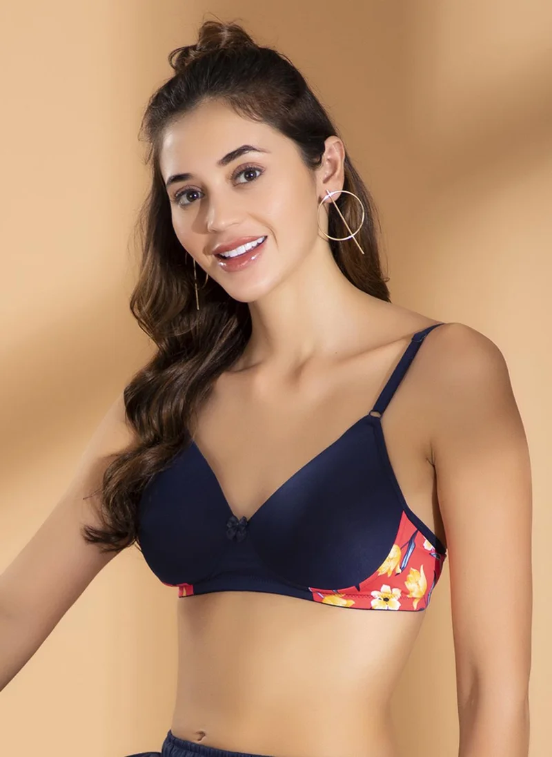 Clovia Clovia Padded Non-Wired Full Cup Printed T-shirt Bra in Navy