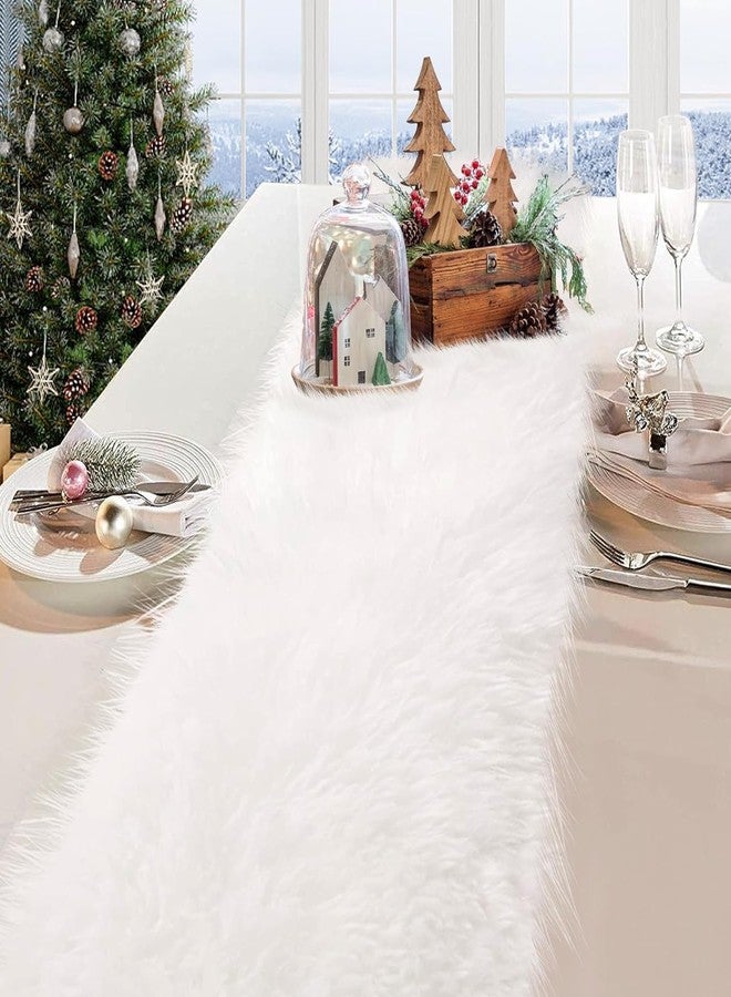 tiosggd White Fur Table Runner Short, 12'' x 48'' Fluffy Dresser Runners Cover Top for Bedroom, Coffee Table, Birthday Party Wedding Dining Living Room Spring Summer Home Decor, Fuzzy Furry Table Cover - Image 2