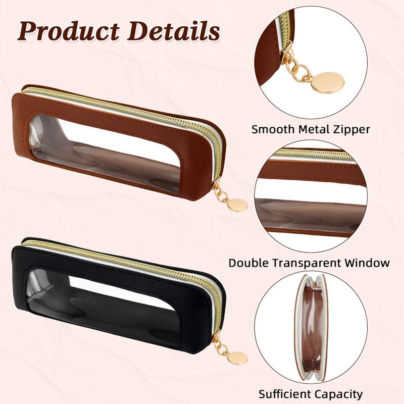 ZLSPTK 2Pcs Small Makeup Brush Bag Toiletry Bag PU Leather Clear Cosmetic Bags Makeup Bags for Women Portable Waterproof Makeup Brush Holder Slim Cosmetic Pouch Travel Pouch with Zipper (Black& Brown) - Image 3