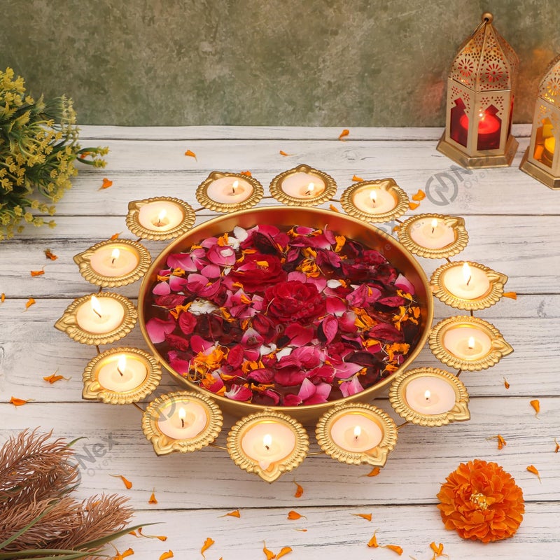Nex Overseas Diya Shape Flower Decorative Urli Bowl for Home Handcrafted Bowl for Floating Flowers and Tea Light CandlesOffice and Table Decor Diwali Decoration 12 INCH - Image 1
