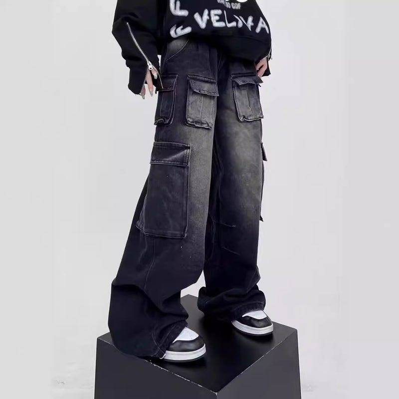 2024 American Style Street Design Wide Leg Workwear Trousers Men'S And Women'S Loose Straight Washed Retro Style Jeans - Image 3