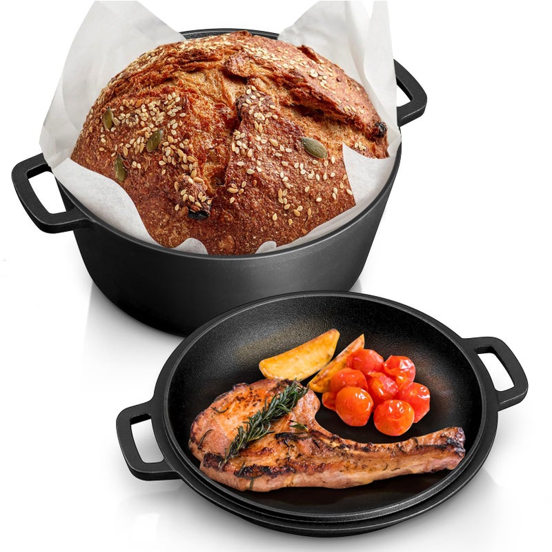 TeamFar 5QT Dutch Oven Pot With Lid 2in1 Preseasoned Cast Iron Dutch Oven Stock Pot with Lid for Bread Baking Healthy  Fit Various Heat Sources