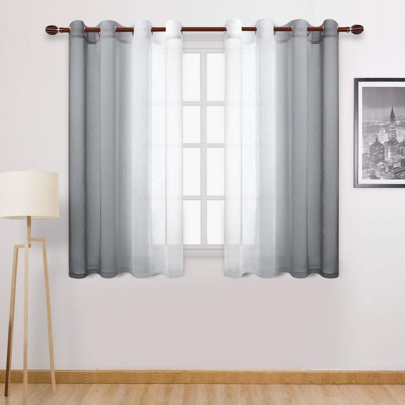DWCN Grey Ombre Sheer Curtains  Faux Linen Semi Voile Grommet Top Gradient Curtains for Bedroom and Living Room Set of 2 Window Curtain Panels 52 x 54 Inch Length