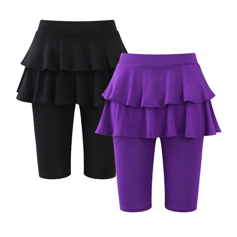 Deuerr Girls Knee-Length Leggings with Skirt 2 Pack Summer Stretchy Athletic Pants Black DeepPurple for Girl 7-8 Years - Image 1