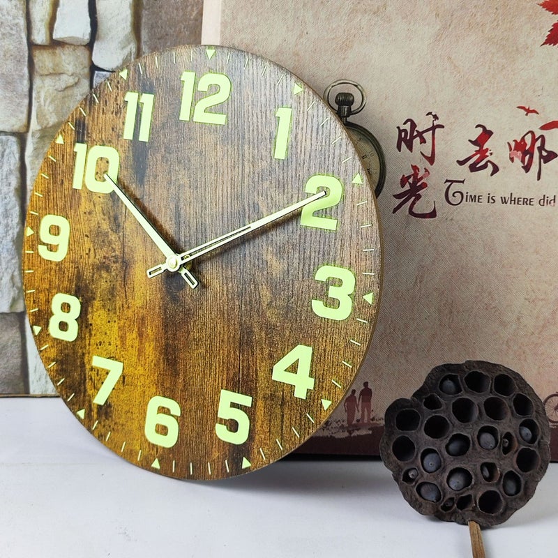 Luminous Wall Clock Simple Fire Pattern Mdf Wooden Pointer Clock Round Creative Clock - Image 4