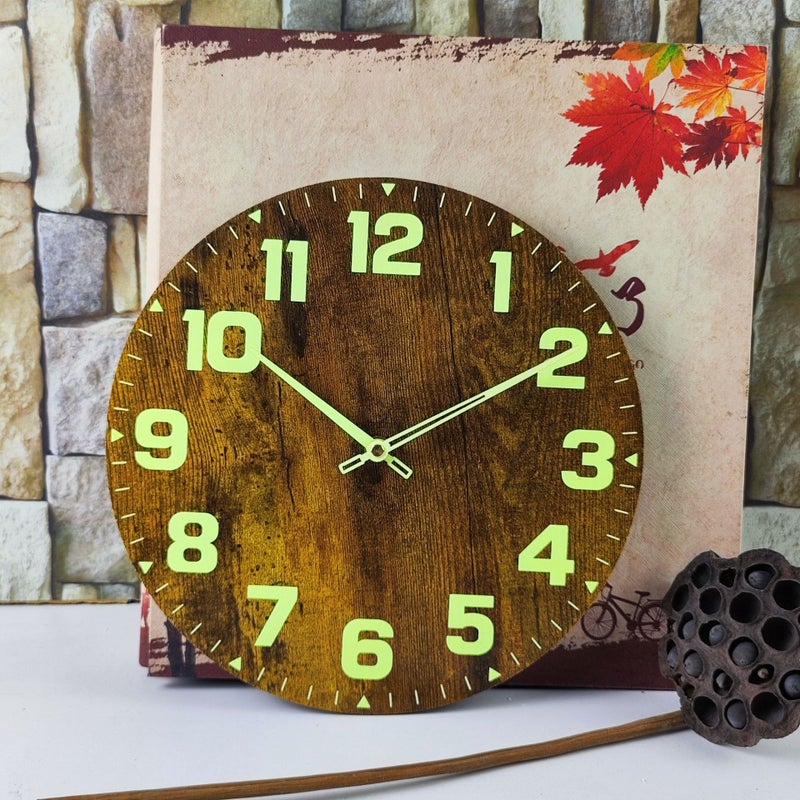 Luminous Wall Clock Simple Fire Pattern Mdf Wooden Pointer Clock Round Creative Clock - Image 1