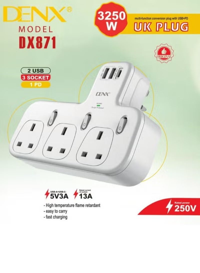 Denx DX871 Multi-Function UK Plug Extension – 3 Sockets, 2 USB, 1 PD Fast Charging Port, 3250W Power, 13A Surge Protector Adapter