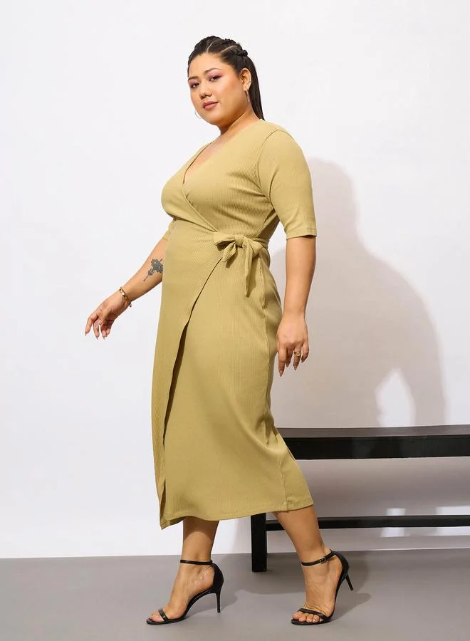 Sassafras  Sassafras Plus Size Khaki Rib Wrap Bodycon Midi Dress for Women | Best Price UAE