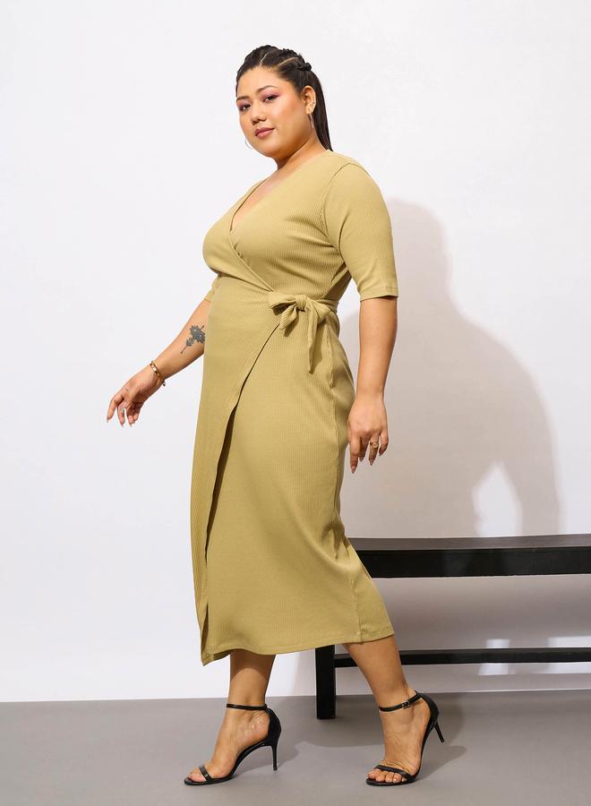 Sassafras Plus Size Khaki Rib Wrap Bodycon Midi Dress - Image 3