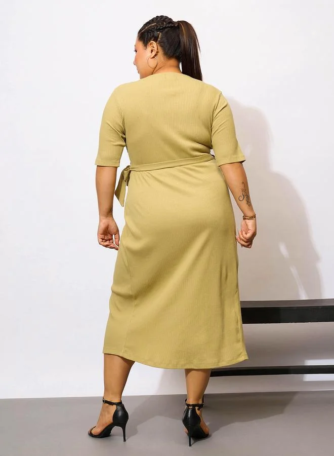 Sassafras  Sassafras Plus Size Khaki Rib Wrap Bodycon Midi Dress for Women | Best Price UAE