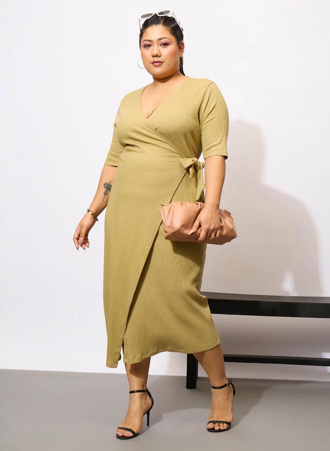 Sassafras Plus Size Khaki Rib Wrap Bodycon Midi Dress - Image 1