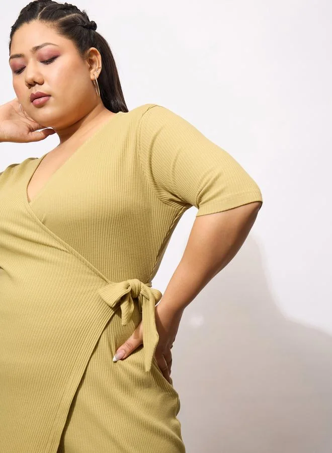 Sassafras  Sassafras Plus Size Khaki Rib Wrap Bodycon Midi Dress for Women | Best Price UAE