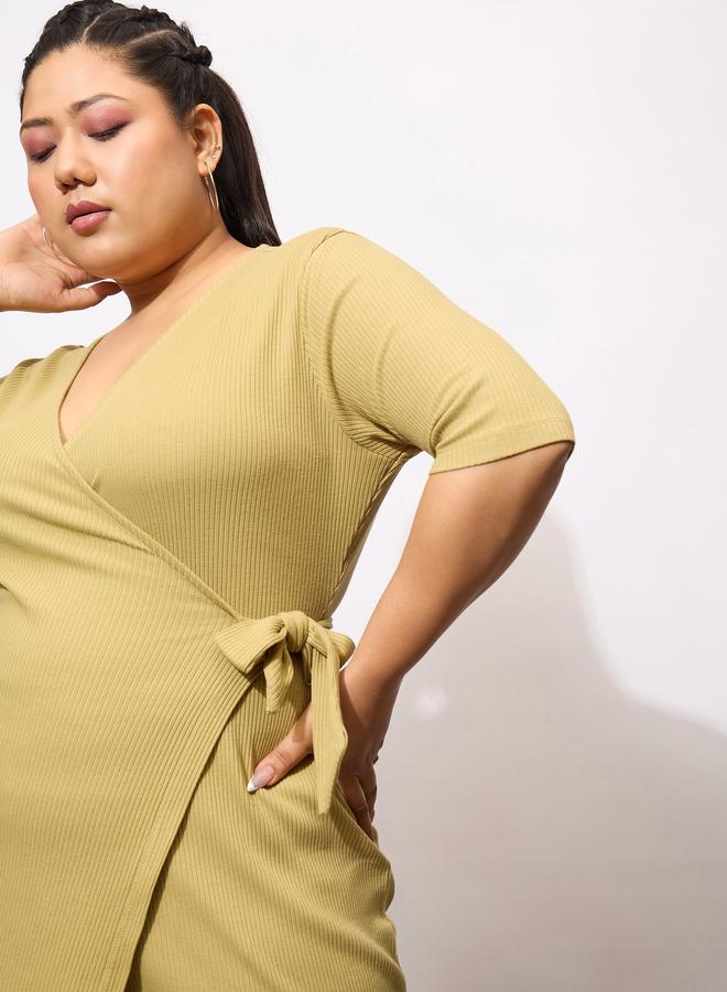Sassafras Plus Size Khaki Rib Wrap Bodycon Midi Dress - Image 4