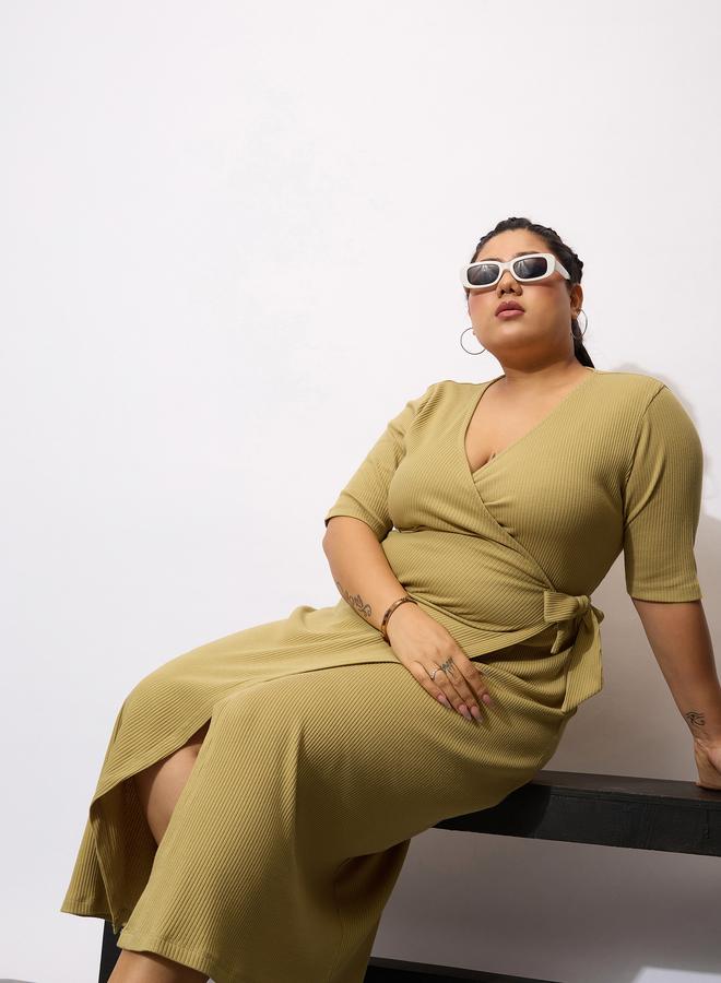 Sassafras Plus Size Khaki Rib Wrap Bodycon Midi Dress - Image 2