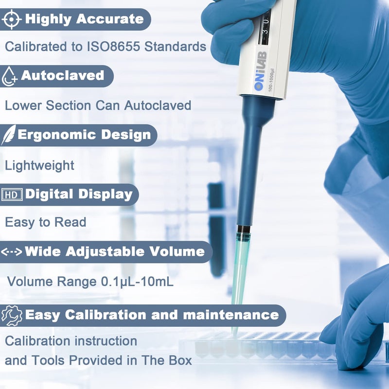 ONiLAB 2-10ML Lab Micropipette, Single Channel Pipette,Adjustable Volume Pipette, Micro Pipettes, High Precision Pipettor,Autoclavable - Image 3