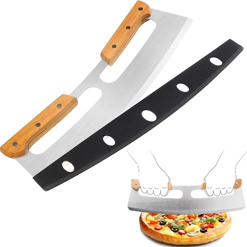 ARJEX Pizza Cutter Rocker with Wooden Handles Protective Cover by Zocy 14 Sharp Stainless Steel Pizza Slicer Wheel Big Pizza Knife Cutters for Kitchen Tool 14inch - Image 1