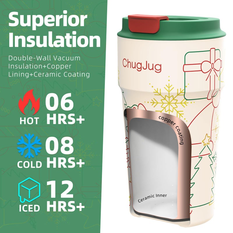 ChugJug 16 oz Christmas Travel Coffee Mug with Ceramic Coating, Leak-Proof Vacuum Insulated Coffee Tumbler with Lid, Double Wall Stainless Steel Travel Cup (Yuletide Magic) - Image 3