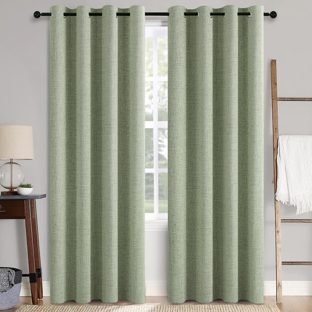 MIULEE Linen Texture 90 Inches Curtains for Bedroom 100% Blackout Thermal Insulated Sage Green Curtains Grommet Room Darkening Curtains/Draperies for Living Room 52x90 Inch (2 Panels)