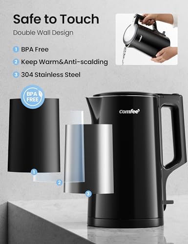 COMFEE' 1.7L Double Wall Electric Tea Kettle and Kettle Water Boiler, 100% Stainless Steel Interior & Lid & Spout, Two-Level Wide Open Lid, 1500W Fast Boiling, Auto-Off and Boil-Dry Protection - Image 3