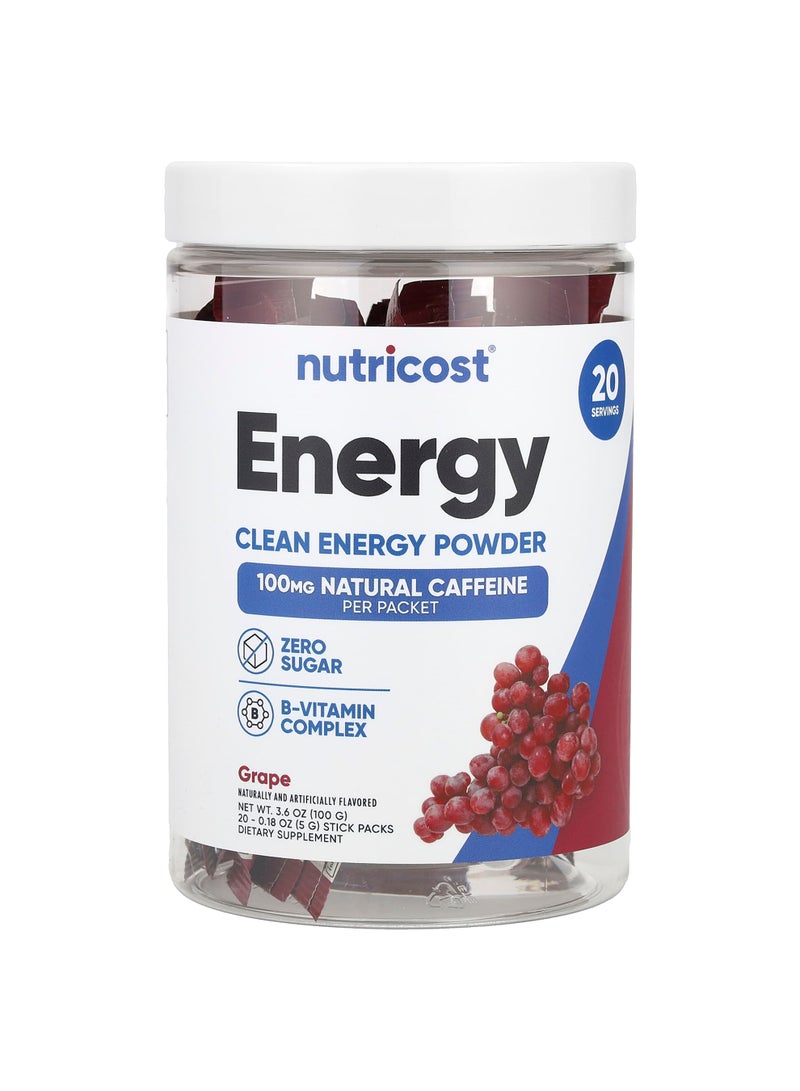 Energy, Clean Energy Powder, Grape, 20 Stick Packs, 0.18 oz (5 g) Each