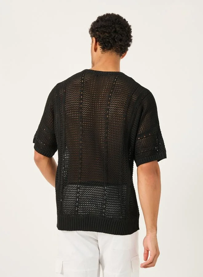 Styli Chunky Crochet Knit Oversized Crew Neck T-Shirt