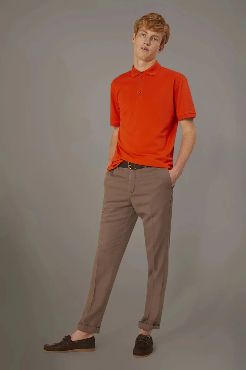 Regular fit linen blend chino trousers - LT Brown
