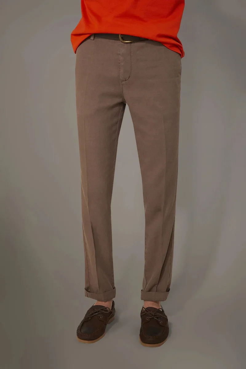 دوبل غانغر Regular fit linen blend chino trousers - LT Brown