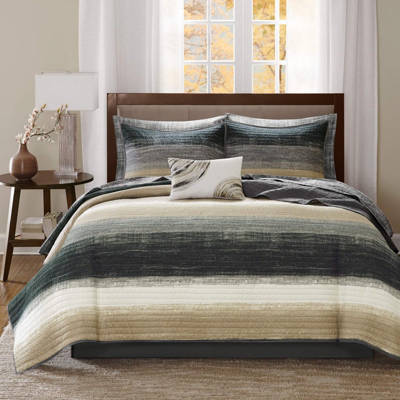 madison park Madison Park Essentials Saben Cozy Bed in A Bag Reversible Quilt with Complete Cotton Sheet SetGeometric Design All Season Cover Decorative Pillow Full78x86 Stripes Taupe 8 Piece 
