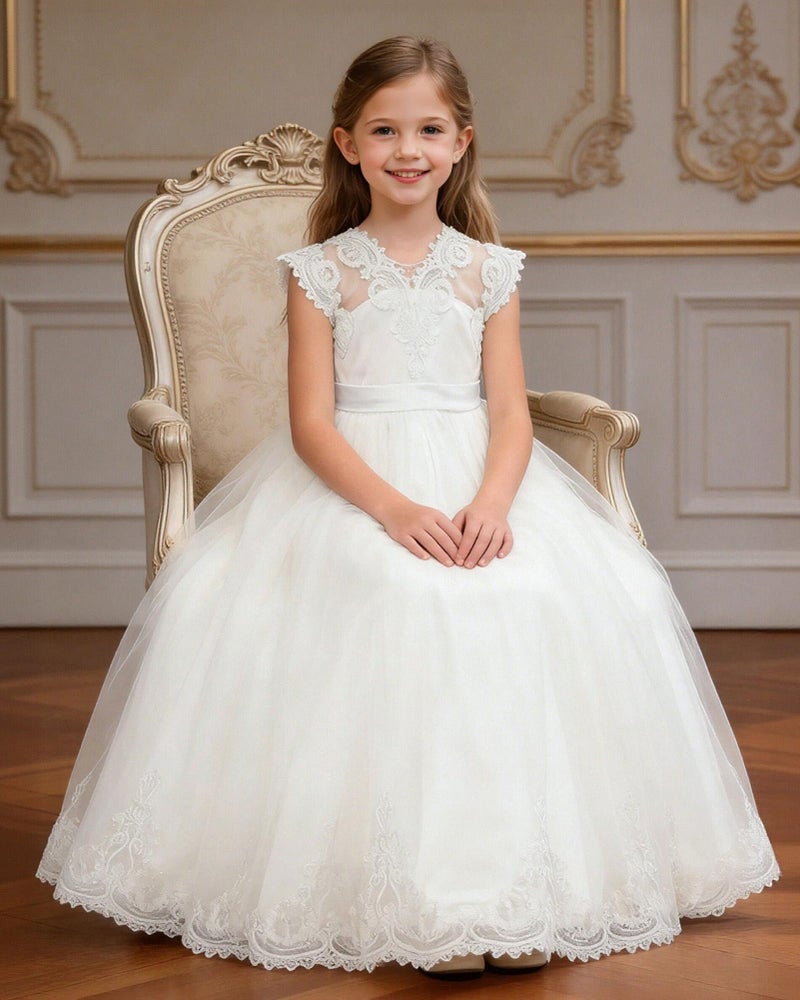 YALLET 7Y 8Y Formal Dresses for Girls Stain Sleeveless Girls Pageant Dress Lace Tulle Pageant Gown with Bowknot for Valentine's Day Easter Wedding Party Birthday Special Occasion(White,7-8 Years) - Image 4