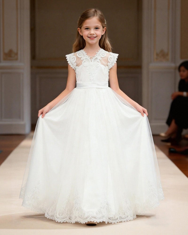 YALLET 7Y 8Y Formal Dresses for Girls Stain Sleeveless Girls Pageant Dress Lace Tulle Pageant Gown with Bowknot for Valentine's Day Easter Wedding Party Birthday Special Occasion(White,7-8 Years) - Image 3