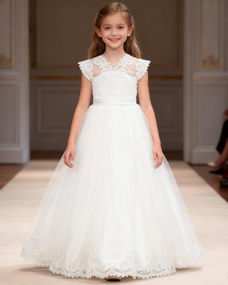 YALLET 7Y 8Y Formal Dresses for Girls Stain Sleeveless Girls Pageant Dress Lace Tulle Pageant Gown with Bowknot for Valentine's Day Easter Wedding Party Birthday Special Occasion(White,7-8 Years) - Image 5