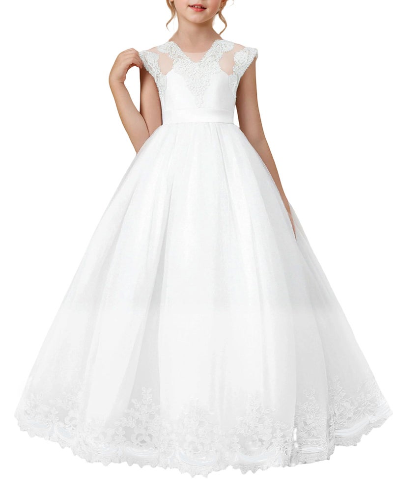YALLET 7Y 8Y Formal Dresses for Girls Stain Sleeveless Girls Pageant Dress Lace Tulle Pageant Gown with Bowknot for Valentine's Day Easter Wedding Party Birthday Special Occasion(White,7-8 Years) - Image 1