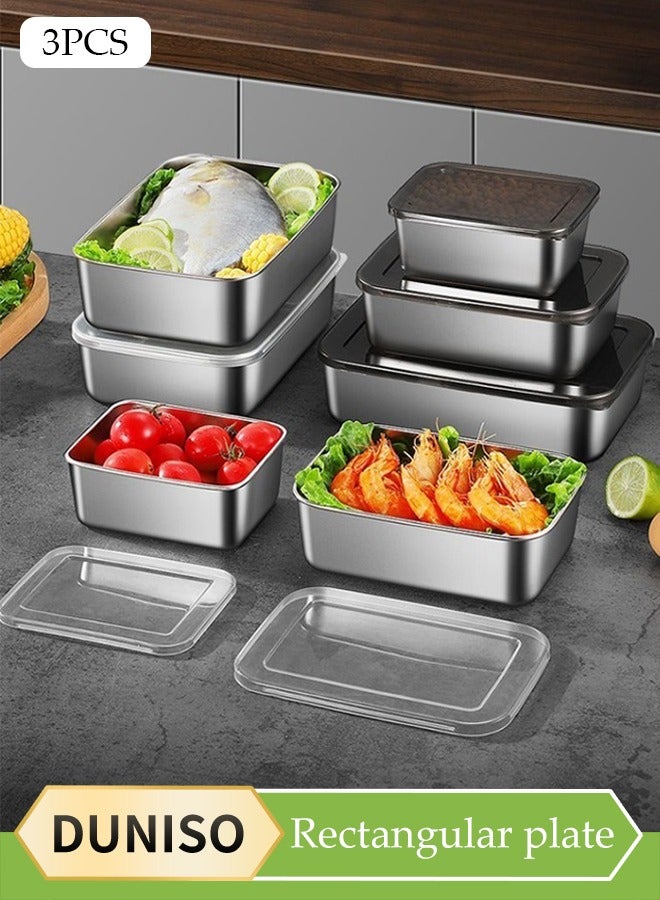 DUNISO Three-Piece Stainless Steel Fresh-Keeping Box, Rectangular Tray With Lid, Reusable Food-Grade Tray, For Storing Food, Baking, Grilling Marinades, Cold Dishes, Steaming Dishes, Making Tiramisu, Etc. (Large Size) - Image 1
