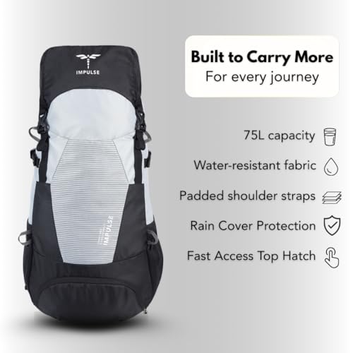 Impulse Urban Trek 75L Travel bag with Rain Cover|Water Resistant|Padded Adjustable Shoulder Straps & Waist Belt | Ideal for Hiking, Camping & Travel Rucksack Backpack- Silver |1 Year Warranty - Image 3