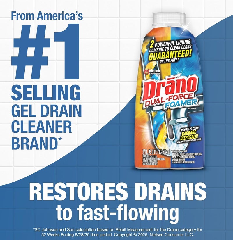 Drano Dual-Force Foamer Drain Cleaner 17oz – Powerful Foaming Clog Remover for Bathroom & Kitchen Pipes, Deep Cleaning Formula Removes Hair, Soap Scum & Blockages Fast - Image 3