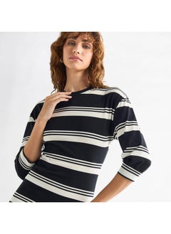 FAV Striped Bodycon Dress with Round Neck and 3/4 Sleeves  - Image 4