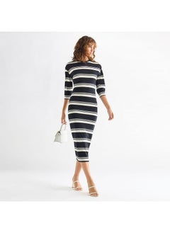 FAV Striped Bodycon Dress with Round Neck and 3/4 Sleeves  - Image 2